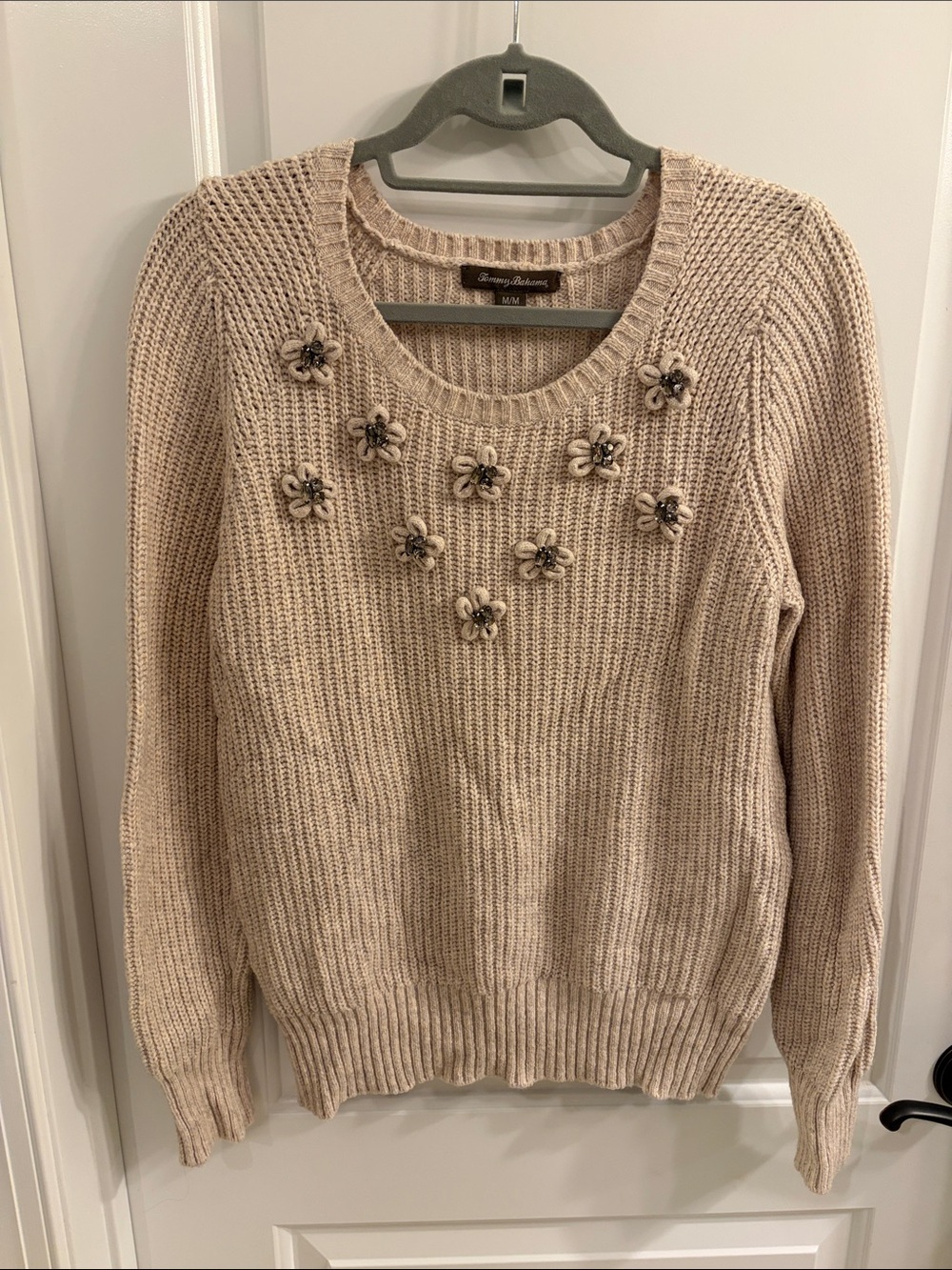 Tommy Bahama Beige Crewneck Sweater with Floral Appliqués